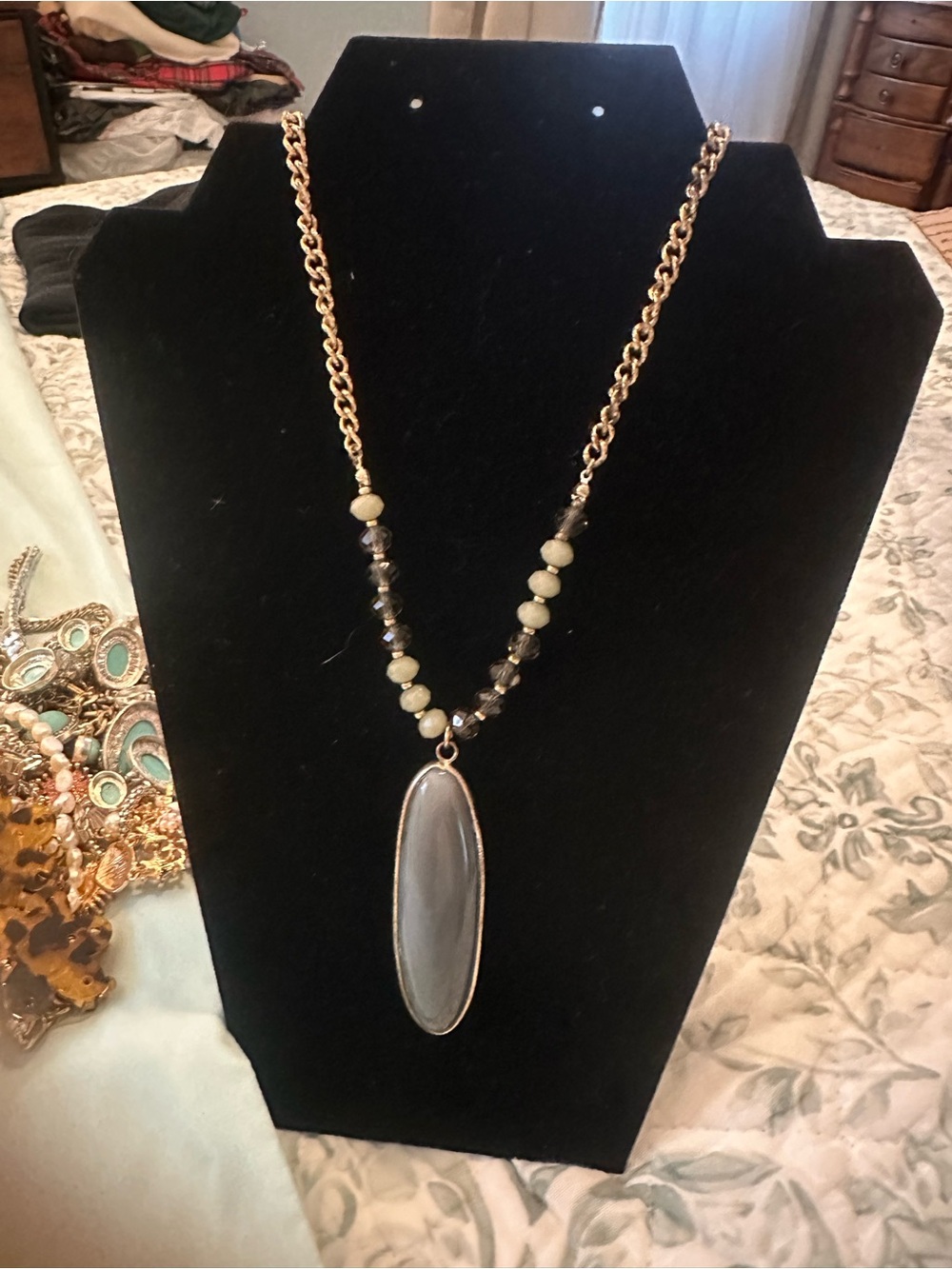 Target Gold-Tone Chain Necklace with Gray Oval Pendant and Beaded Strand
